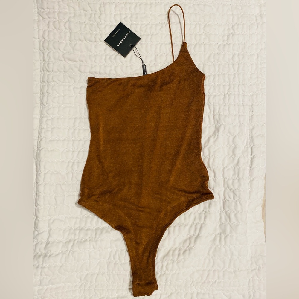 Jluxlabel bodysuit, Brand New, brown, stretchy, one shoulder, thong bottom.